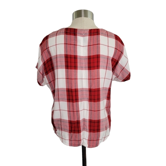 Universal Thread Red & White Plaid Tie Front Button-Up V-Neck Top Women's Size S - Picture 4 of 7